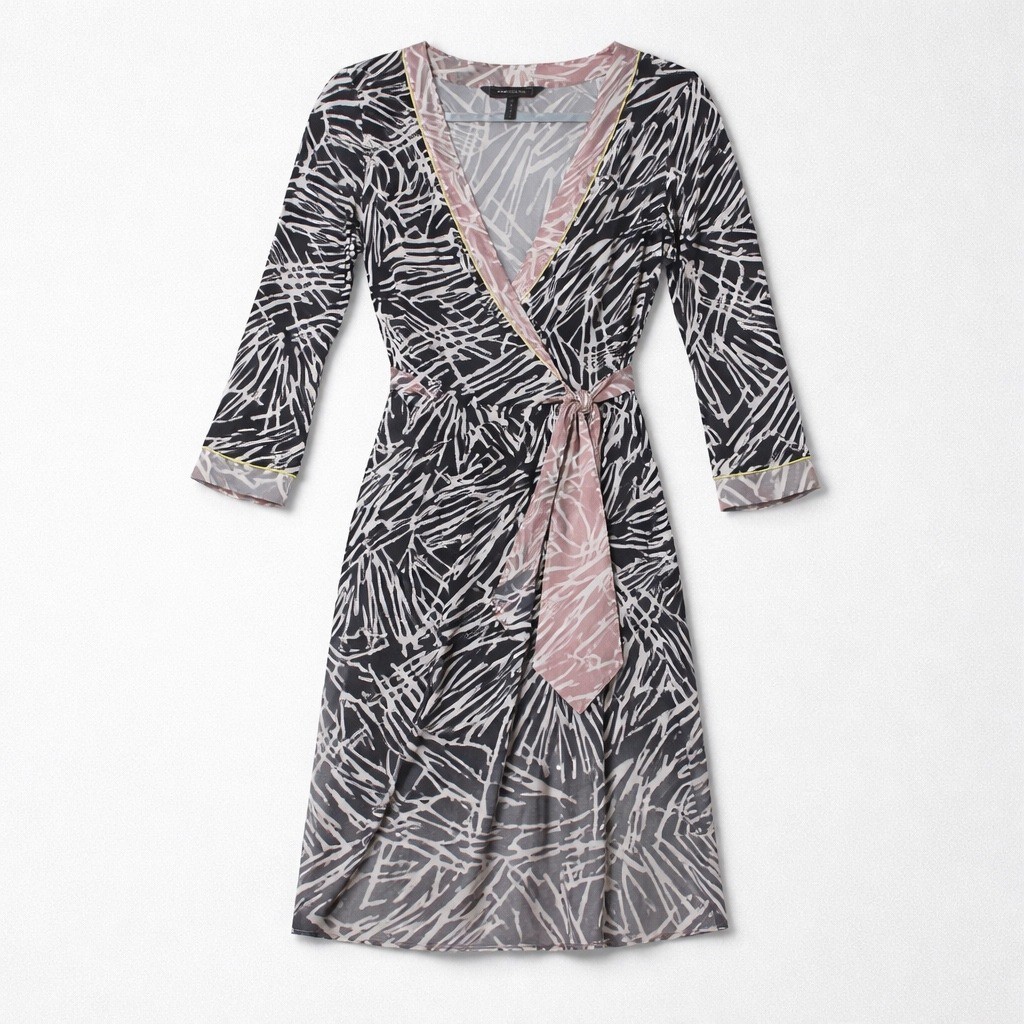 BCBGMAXAZRIA Women XS Abstract Print Wrap Dress 3/4 Sleeve V-Neck Knee Length
