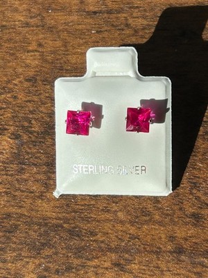 July Birthstone Pink Ruby 925 Sterling Silver Princess Cut CZ Stud Earrings 6 mm
