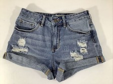BullHead Denim Jean Cuffed High Rise Shorts Distressed Size 25