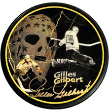 Gilles Gilbert Autographed Boston Bruins Photo Puck NHL