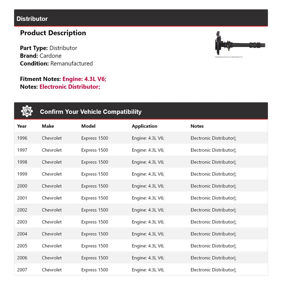 Chevrolet Express 1500 1996-2007 4,3 L V6 distribuidor Cardone 1997 1998 1999 Foto 2 de 4