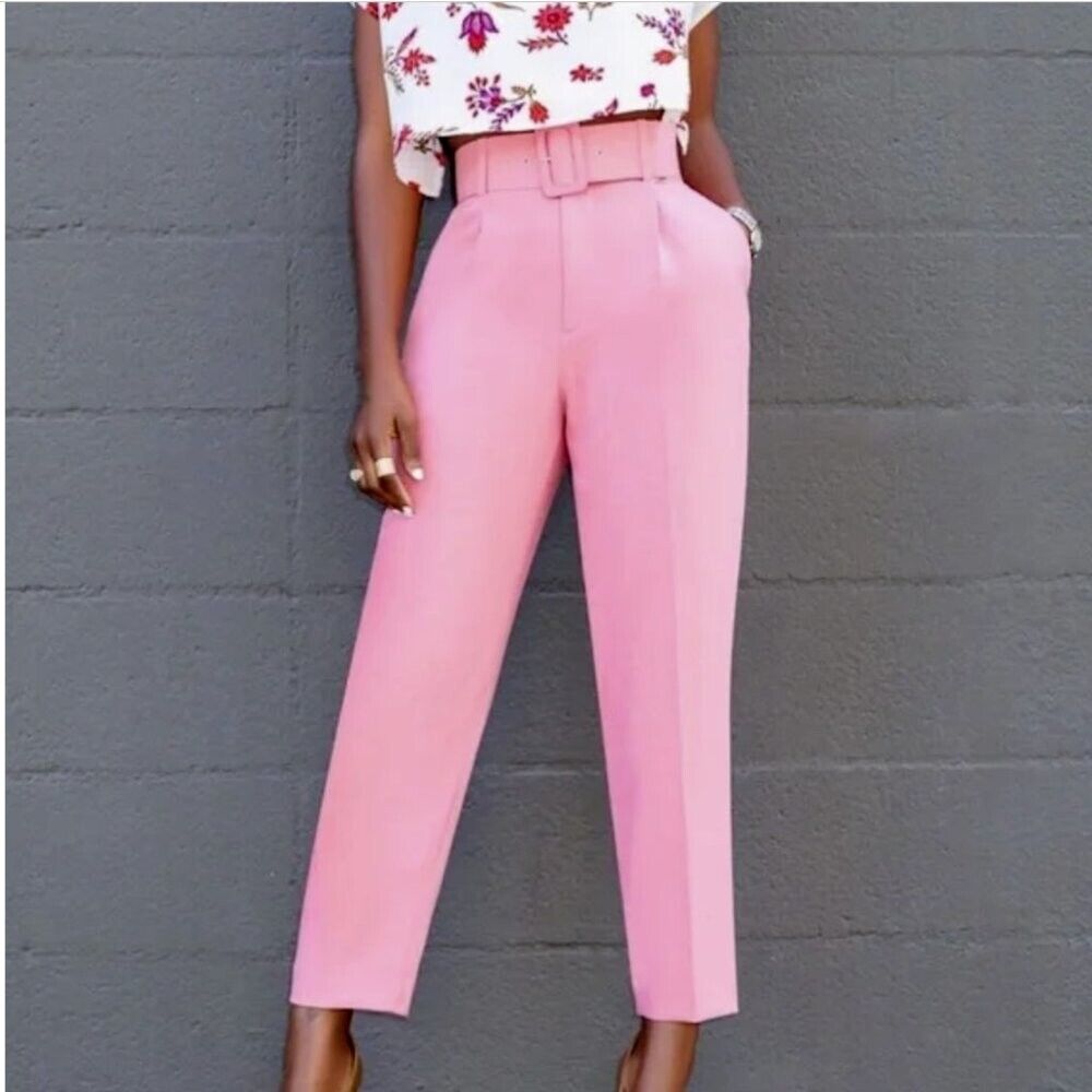 ZARA NEW HIGH-WAISTED PANTS Fabric covered BELT BUBBLEGUM ZARA NEW HIGH-WAISTED PANTS Fabric covered BELT BUBBLEGUM