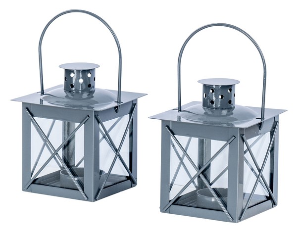 2Er Set Windlicht H10Cm Laterne Grau Metall Tischdeko Kerze Teelichthalter-image