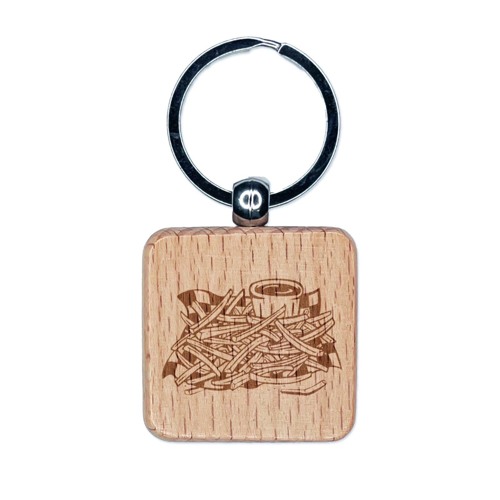 French Fries Potato Chips Pommes Frites Ketchup Engraved Wood Square Keychain