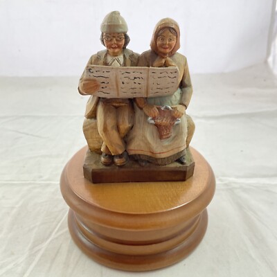 O. Maeder, Lucerne, Wood Carved Hummel Couple sitting Musical Rotates Reuger