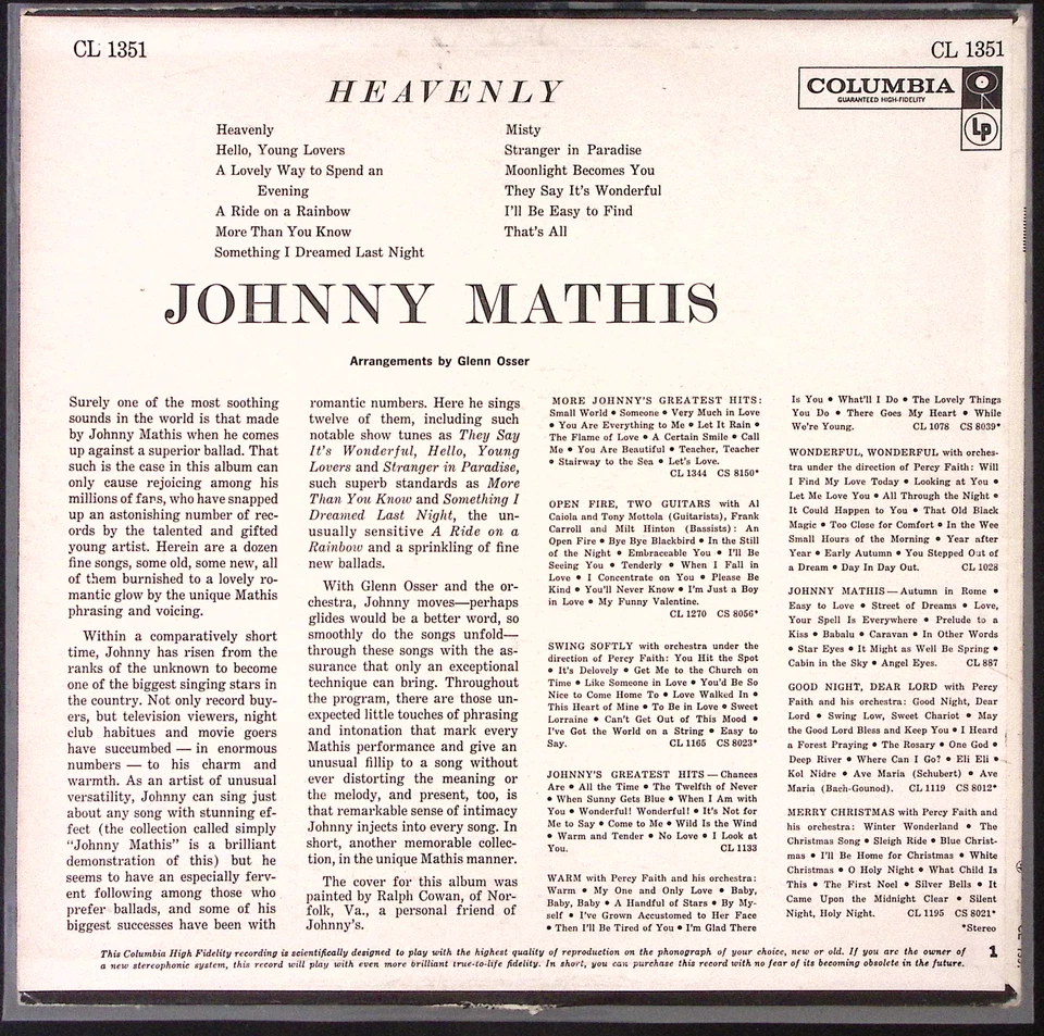 JOHNNY MATHIS HEVENLY COLUMBIA RECORDS VINYL LP 171-37 - Image 2 of 4