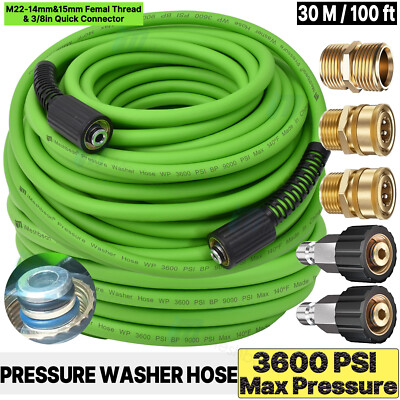 Super Flexible Pressure Washer Hose 25-100' 3600 PSI M22-14&15mm, or 3/8'' QC