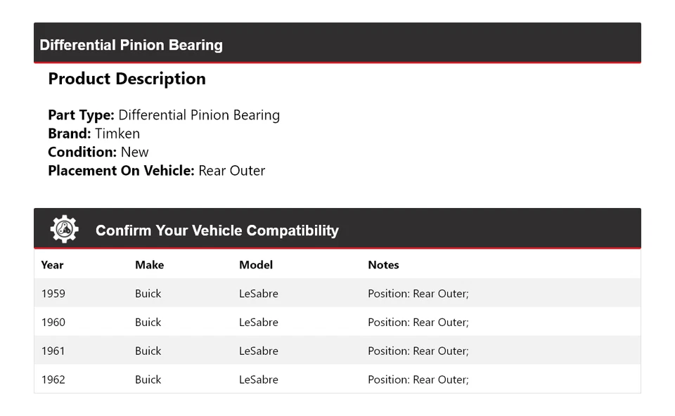 Cojinete de piñón diferencial trasero exterior Timken 1960 para Buick LeSabre 1959-1962 Foto 2 de 4
