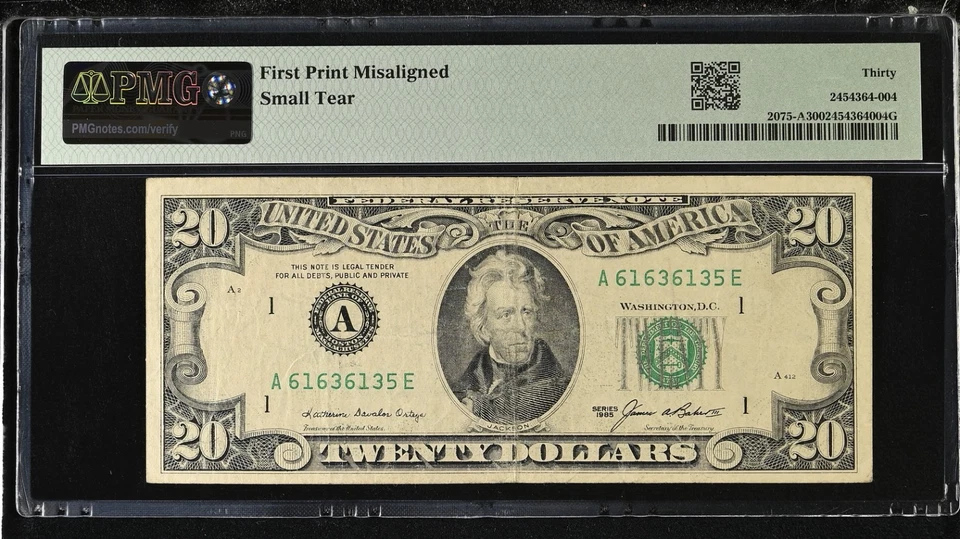 1985 $20 FRN Fr#2075-A PMG VF 30 Misalignment Error First Print Misaligned - Image 2 of 2