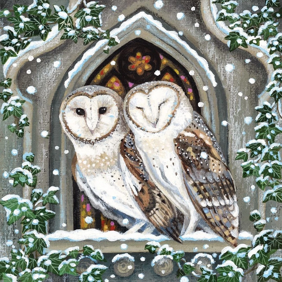 MUSEUMS & GALLERIES Owls in a Church Window by Lucy Grossmith Pack of 8 Charity Christmas Cards