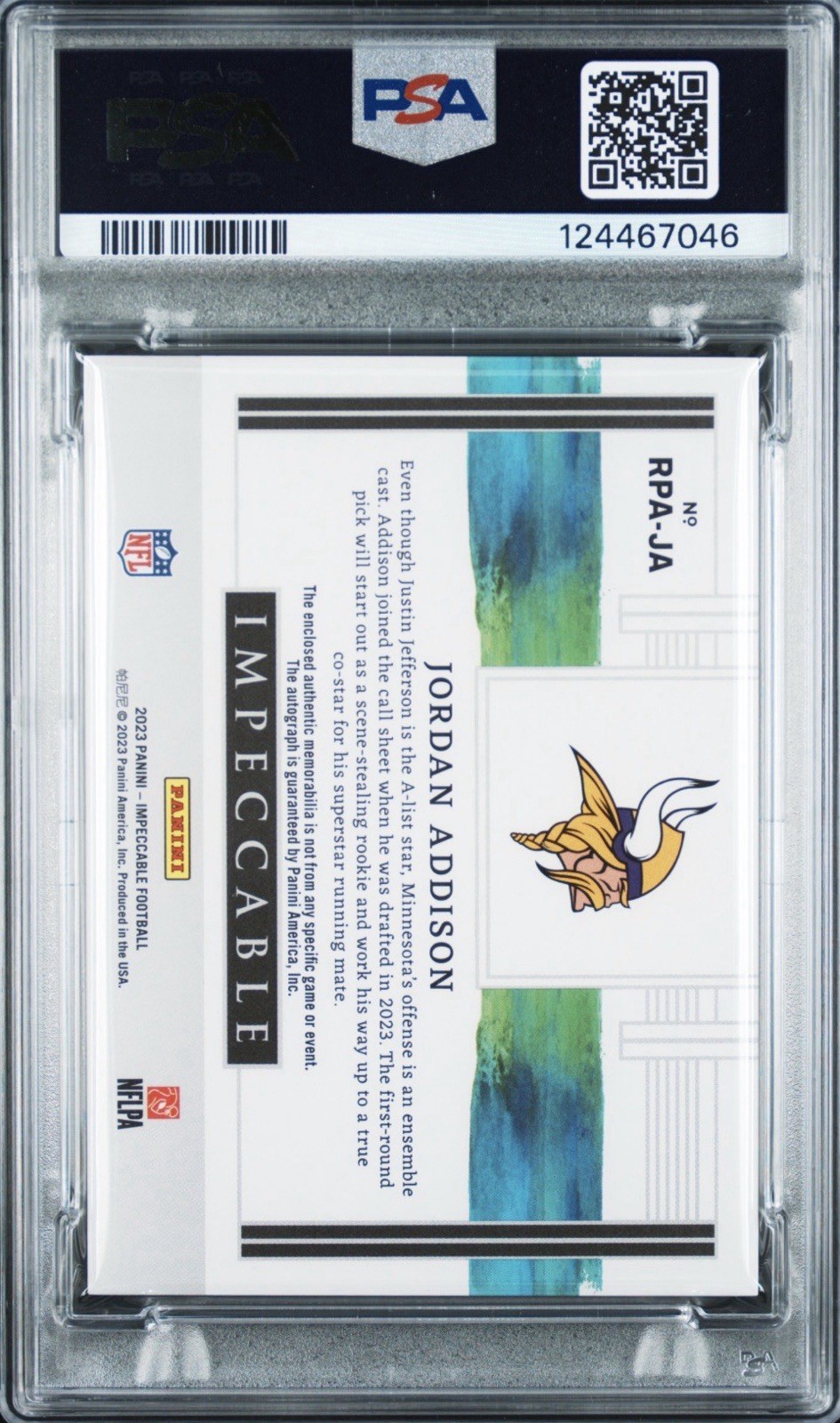 2023 Impeccable Silver RPA /49 Jordan Addison RC Rookie PSA Auth Auto 9 Pop 1! view 2
