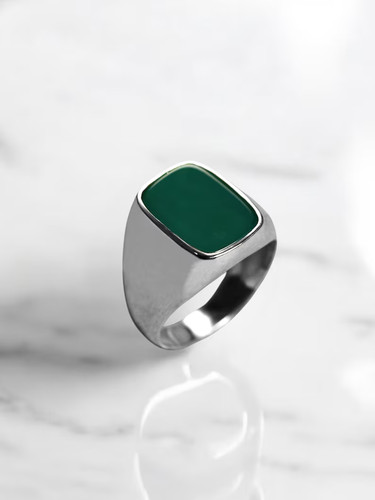 925 Sterling Silver Green Agate Signet Ring Mens Healing Stone Men Ring