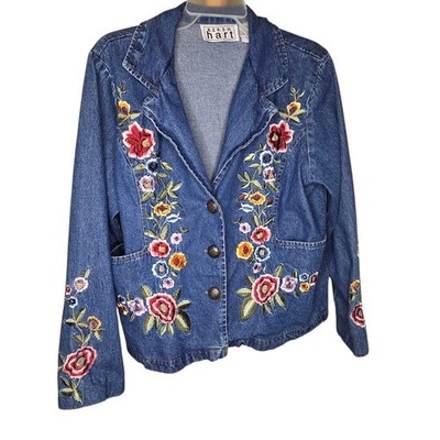 Vintage Keren Hart Boho Floral Colorful Embroidered Denim Jacket Size Large