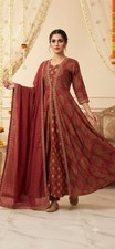 Women's Maroon Anarkali Suit Set  Cotton Printed Kurta with Dupatta
