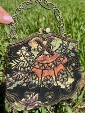 Vtg Beaded Clamshell Handbag Metal Strap Handle Floral Brown MINT Clean 6"x7"