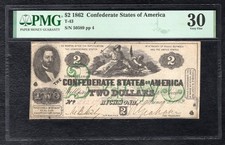 T-43 1862 $2 TWO DOLLARS CSA CONFEDERATE STATES OF AMERICA NOTE PMG VERY FINE-30