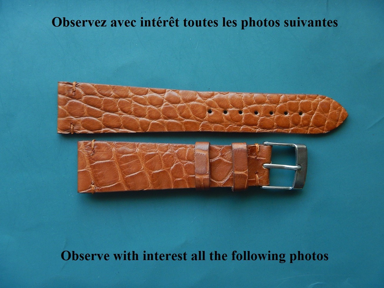 Bracelet veau véritable 20 mm façon alligator marron fauve boucle 16 mm bombé