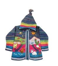 Peru Handmade Kids Knit Hoodie Jacket Llama Animal Scene Zip Sweater Rainbow