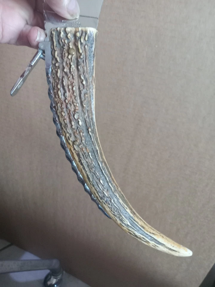 Cuerno de ciervo 17 1/4" hoja de bloqueo cuchillo plegable hoja de acero inoxidable italiano elegante Foto 4 de 4