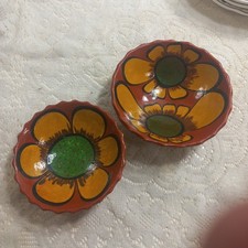 Vintage Mexican Pottery Vibrant Colored Flowers Bowls SET OF 2 / Ruffled Edge 