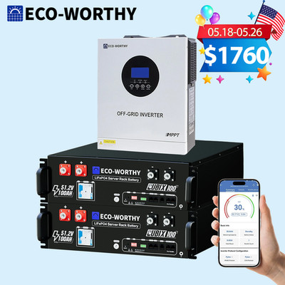 ECO-WORTHY 10.24kWh 2Pack 48V 100Ah Lithium Battery+5kW 48V Solar Inverter