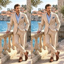 Linen Men's Suits Summer Beach Wedding Casual Business Blazer Trousers 2 Pieces