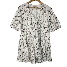 Universal Thread Puff Sleeve Babydoll Mini Dress Large White Floral Boho Pockets