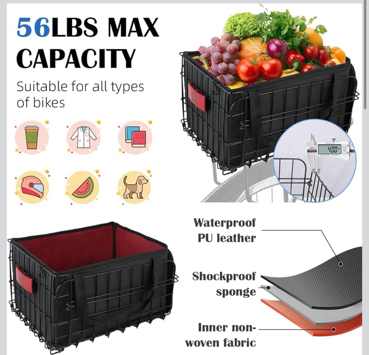 Folding Rear Bike Basket with Waterproof Liner for Dogs Pets Groceries
