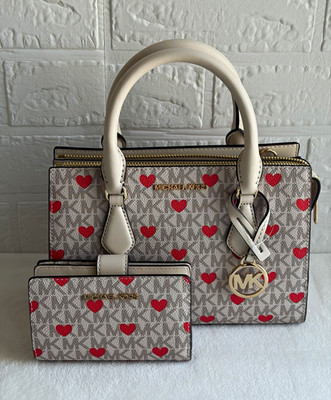 Michael Kors Signature Logo Small Satchel Cream Red Heart Zip Strap Gold
