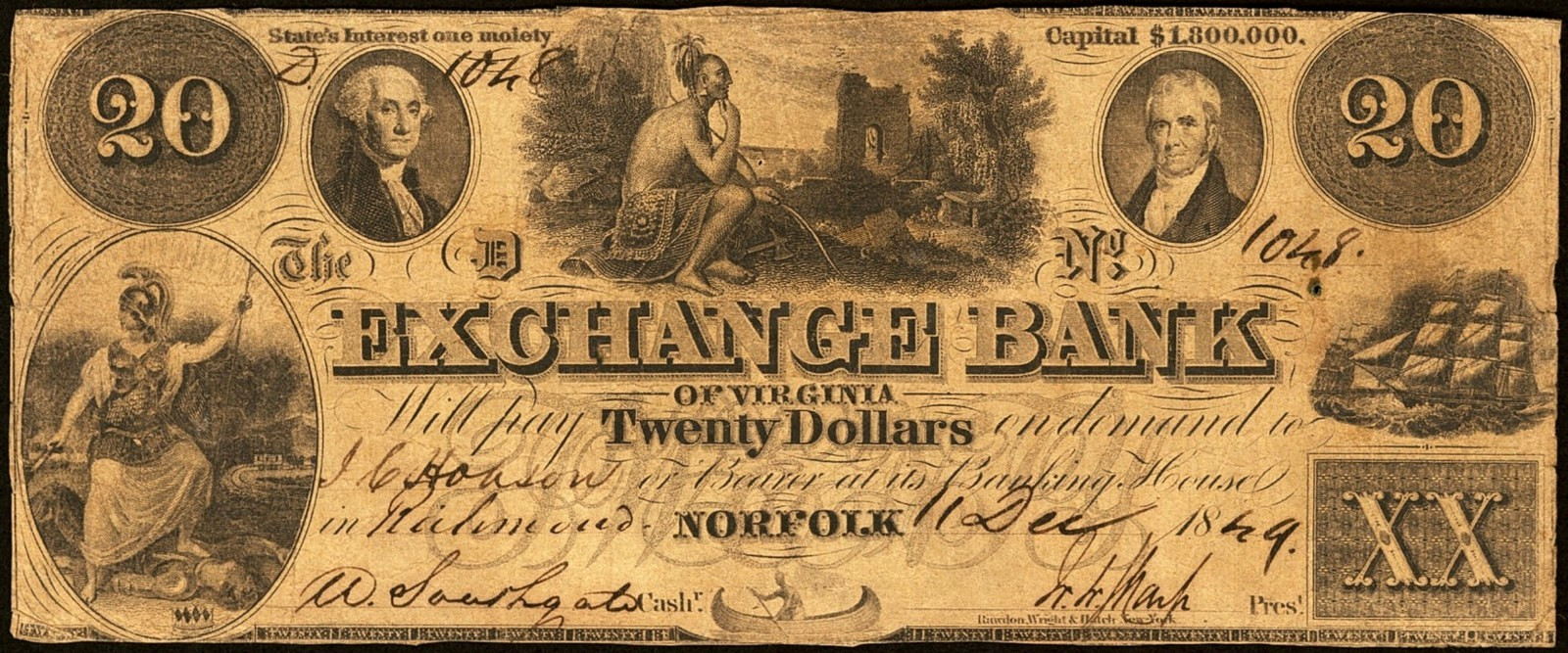 VA $20 NORFOLK The Exchange Bank of Virginia Dec 11, 1849 Haxby VA-145 G10b