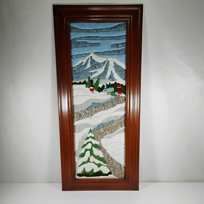Vintage Framed Winter Countryside Stitched Yarn Art Hand Made Wall Hanging 12x28