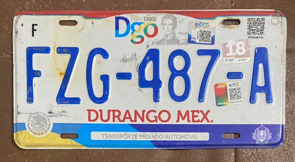 Mexico 2018 DURANGO F (FRONTAL - FRONT) License Plate # FZG-487-A