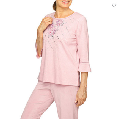Alfred Dunner L ''Alpine Lodge'' Rose Embroidered 3/4 Sleeve Knit Top NWT