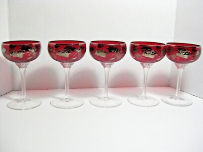 SET OF 5 CRYSTAL RUBY RED WINE GLASSES GOLD RIM AND LEAVES BOHEMIAN GLASS STEM