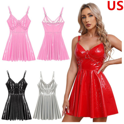 Womens Patent Leather Slip Dress Wet Look O-Ring Rivets Strappy A-Line Mini Dress Clubwear Gothic Punk Rave Dance Party Dresses Pink / L Womens Patent Leather Slip Dress Wet Look O-Ring Rivets Strappy A-Line Mini Dress Clubwear Gothic Punk Rave Dance Party Dresses Pink / L