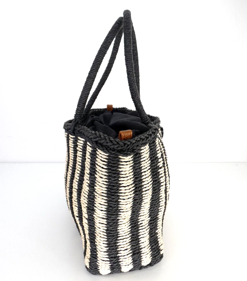 Straw Tote Bag Striped Black White Drawstring Summer Holiday Handbag Beach - Image 4 of 4