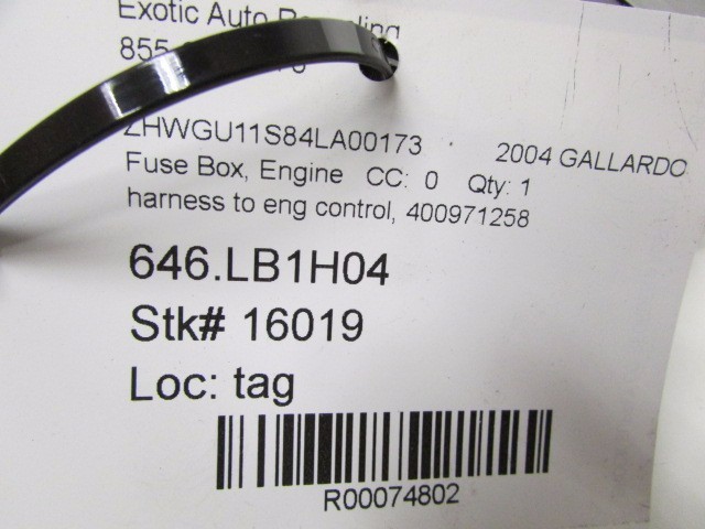 Lamborghini Gallardo, Harness to Engine Control Fuse Box, Used, P/N 400971258