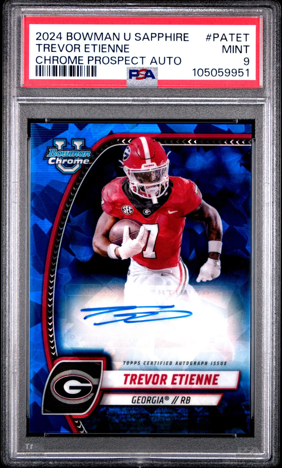 Trevor Etienne Carolina Panthers 2024 Bowman U Chrome Sapphire Auto #PA-TET PSA 9 MINT 
