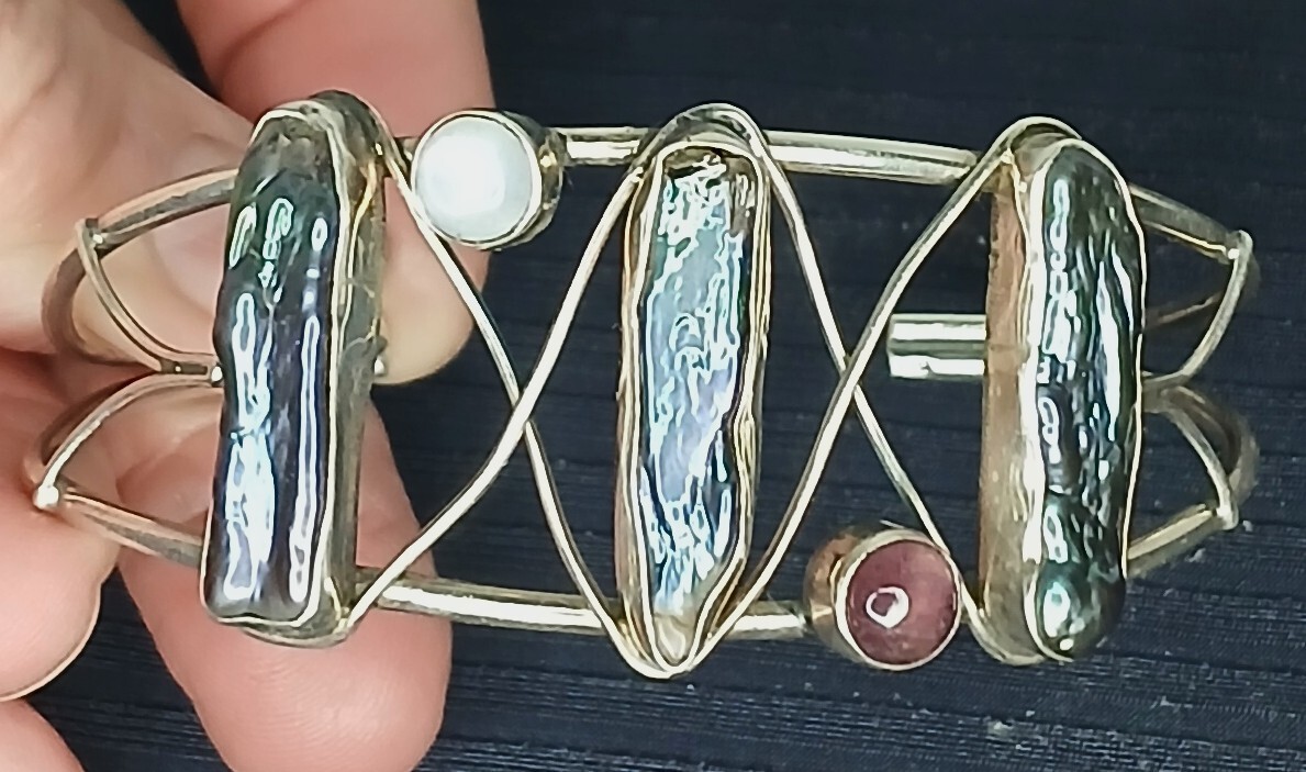 Abalone Ruby Moonstone Sterling Large Bracelet Un… - image 2