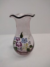 Fenton for Teleflora Ruffled Purple Amethyst Hand Painted Flowers Glass Vase