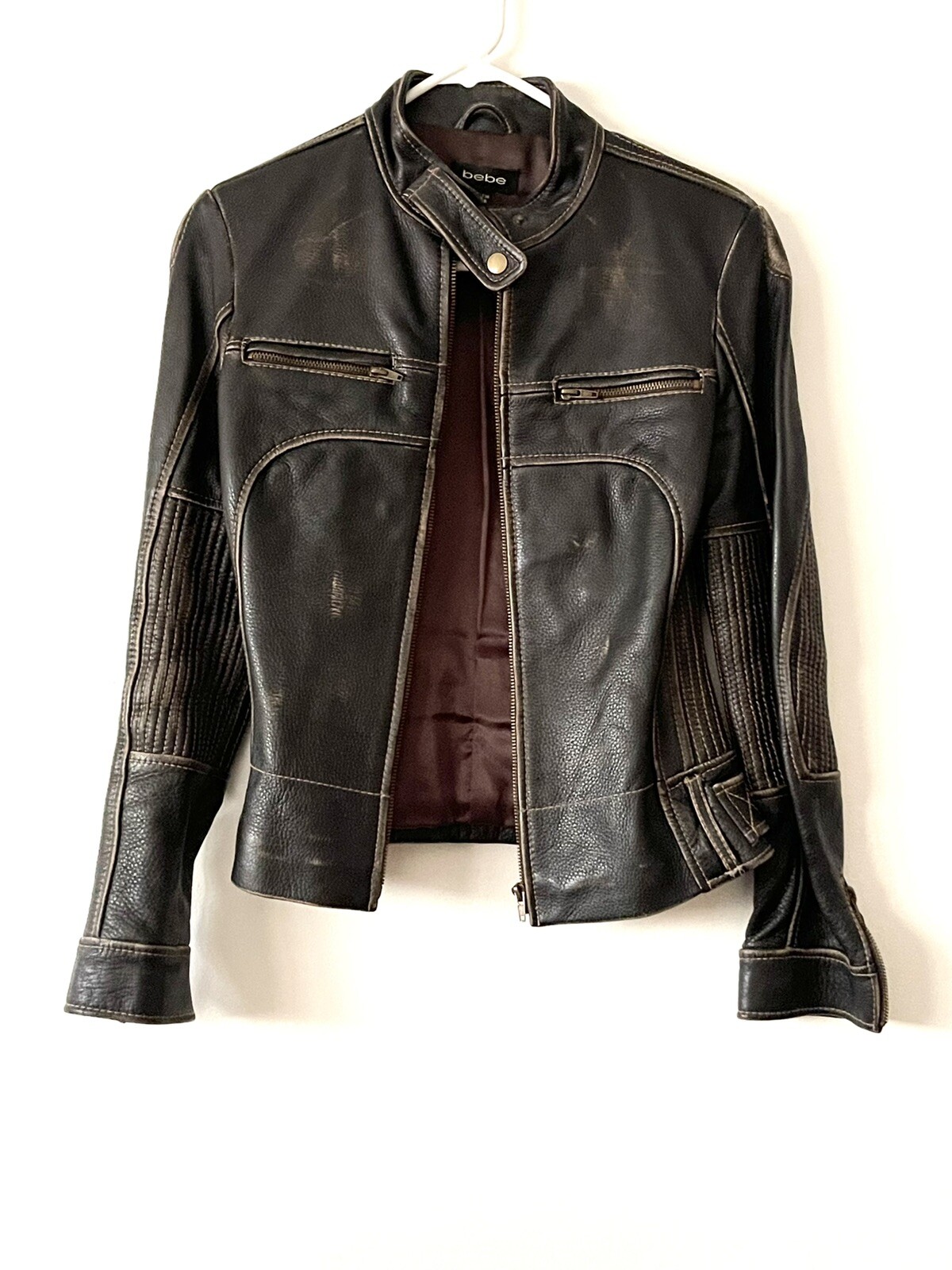 BeBe Genuine Brown Distressed Leather Moto Jacket Wom… Gem