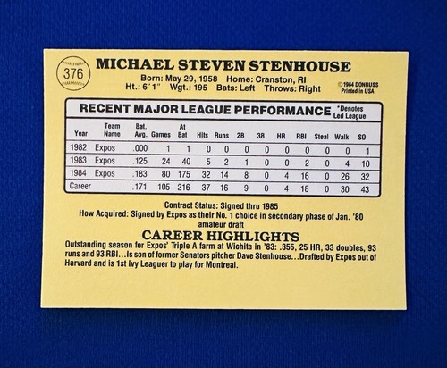 1985 DONRUSS #376 MIKE STENHOUSE MONTREAL EXPOS NM-MT or BETTER - Picture 3 of 3