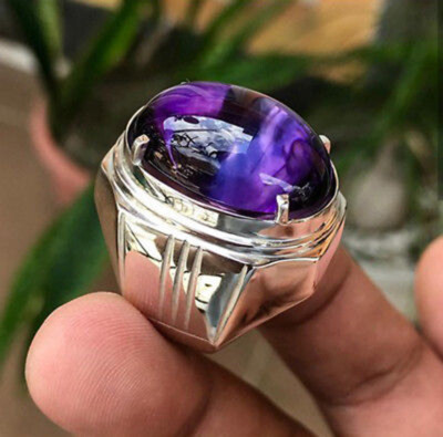 Solid 925 Sterling Silver Natural Purple Amethyst Gemstone Signet Men's Ring