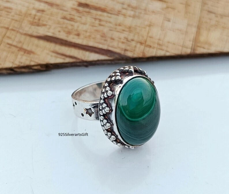 Anel de malaquita, anel feito à mão de prata esterlina 925, anel de grife todos os tamanhos R332 - Imagem 2 de 4