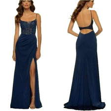 La Femme Navy Blue Sparkle Lace Satin Gown Size 6 448 Prom