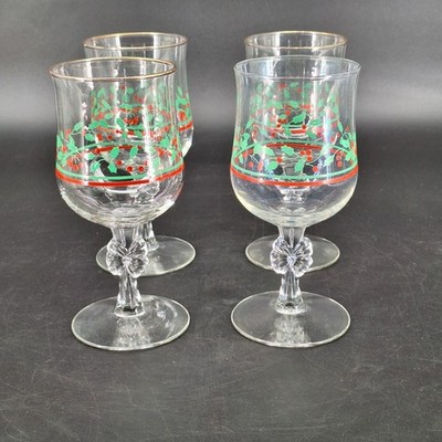 4 Arby's Libbey Water Goblet Holly Leaf Berry Stem Christmas Glasses 6.75'' READ