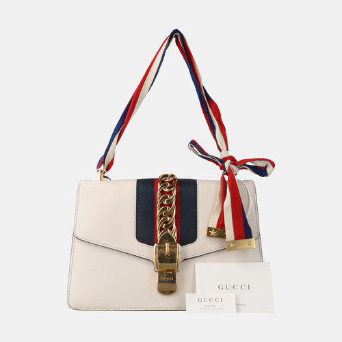 Authentic GUCCI Sylvie White Leather Black/Red Web Chain Lock Small Shoulder Bag
