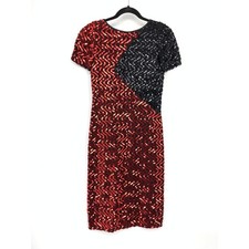 Vintage Wiggle Dress Womens 5/6 Sequin Short Sleeve Black Red Geometric V Back
