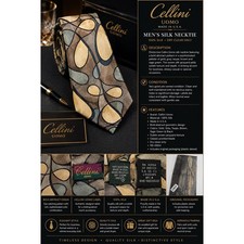 Cellini Uomo Men's 100% Silk Abstract Geometric Necktie Gold Gray Made in USA