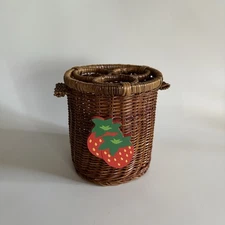 Vintage Strawberry Avon 5" Brown Wicker Silverware Utensil Holder Caddy Picnic